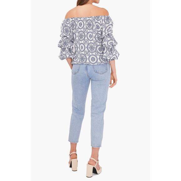 NWT Vince Camuto Off-the-Shoulder Blouse – White Denim Print, Women’s XS - Picture 4 of 5